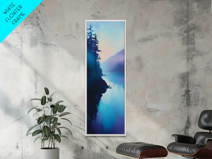 Misty Lake, forest at dusk painting, blue and green wall art, moody art, vertical wall art, pine tree art, framed canvas print