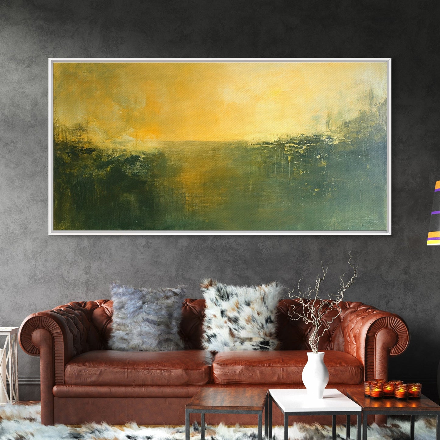 Abstract Landscape, Moody Art, Horizon Painting, Green Wall Art, Extra Wide Art, Panoramic Art, Framed Canvas Print, Living Room Art