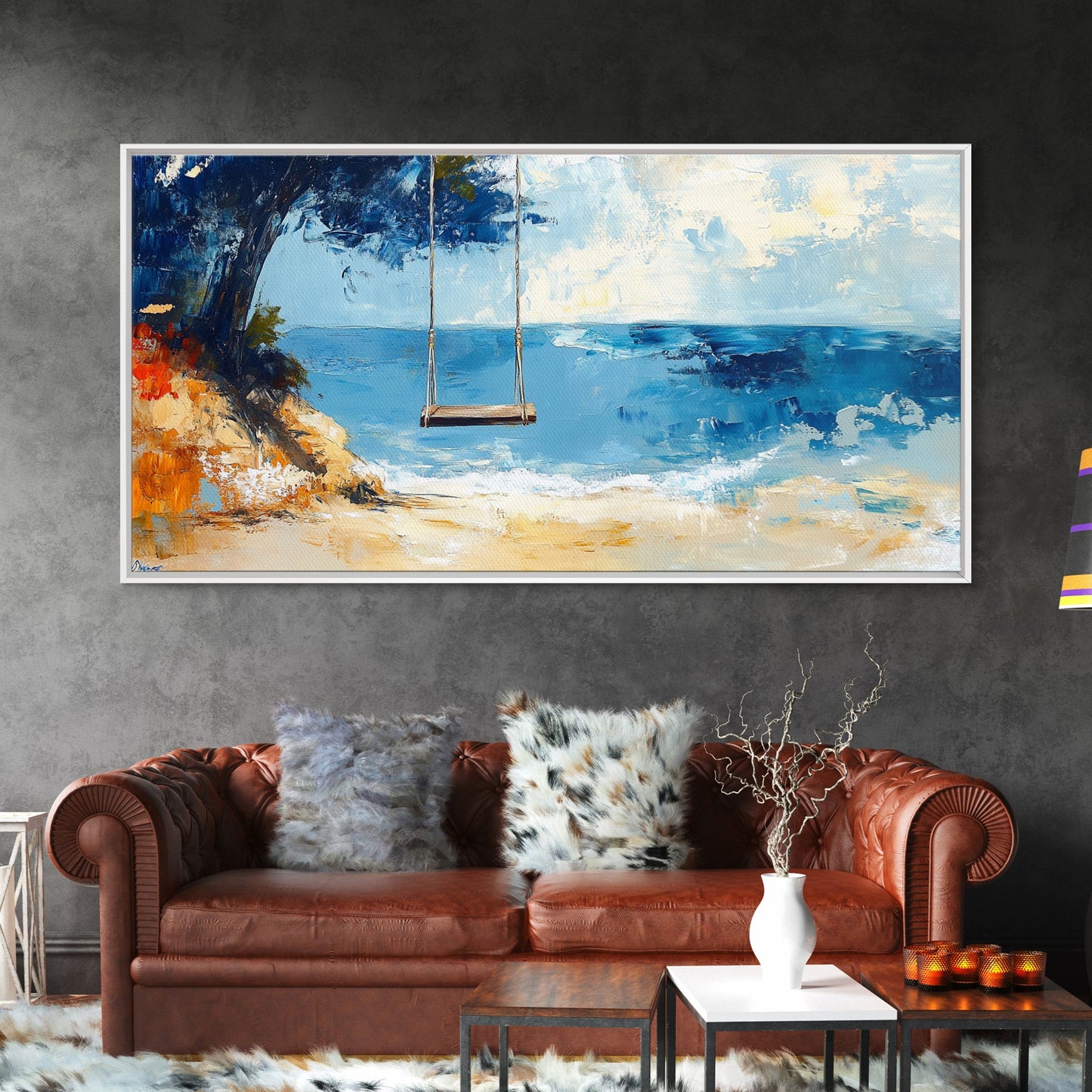 Beach Swing, Ocean Art, Coastal Landscape Art, Nautical Decor, Coastal Wall Art, Above Sofa Art, Canvas Print, Seascape Painting