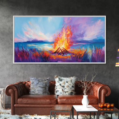 Lagerfeuer bei Sonnenuntergang, Küstenmotiv, Wandbild in Rosa und Orange, Extra breites Bild, Horizontales Wandbild, Gerahmter Leinwanddruck, Stimmungsvolle Kunst