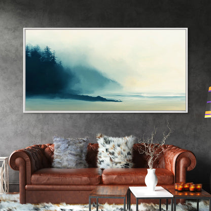 Nebelwald, Smoky-Mountain-Kunst, Kiefernkunst, stimmungsvolle Kunst, Wabi-Sabi-Wandkunst, grüne Wandkunst, Schlafzimmerkunst, gerahmter Leinwanddruck