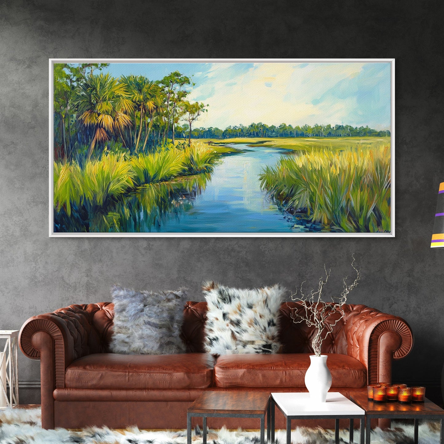 Marschlandschaft-Motiv, Palmenbild, tropische Landschaft, Küstendekor, grüne Wandkunst, rustikale Wandkunst, gerahmter Leinwanddruck