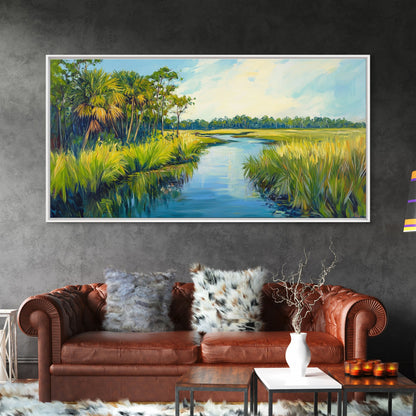 Marschlandschaft-Motiv, Palmenbild, tropische Landschaft, Küstendekor, grüne Wandkunst, rustikale Wandkunst, gerahmter Leinwanddruck