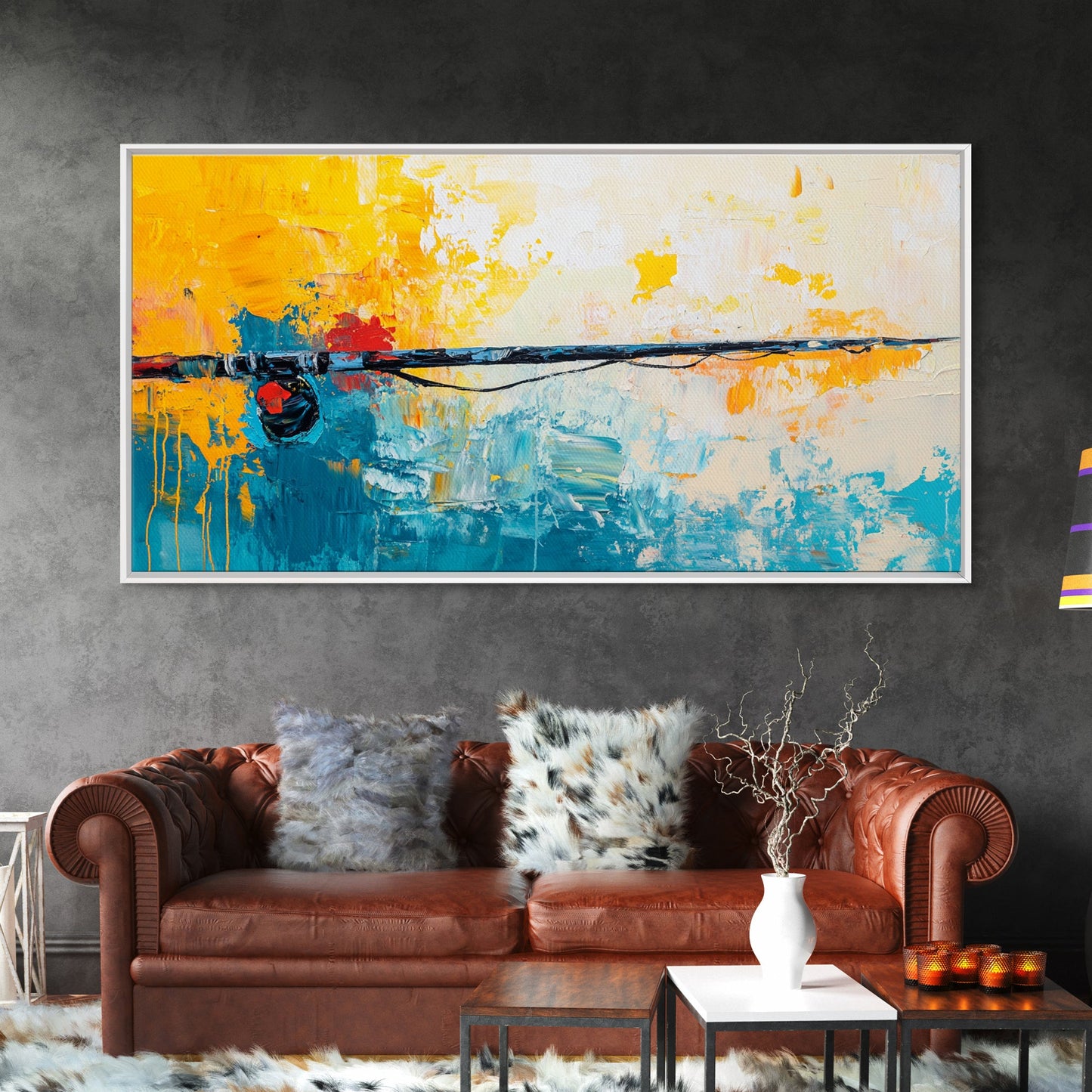 Fishing Rod, fly fishing art, nautical painting, coastal cowgirl wall art, rustic decor, blue and gold wall art, Framed Canvas Print