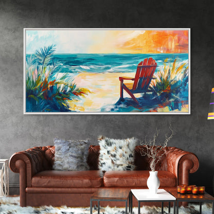 Beach Chair, Coastal Painting, Nautical Wall Art, Ocean Painting, Seascape Painting, Framed Canvas Print, Extra Wide Art, Coastal Decor