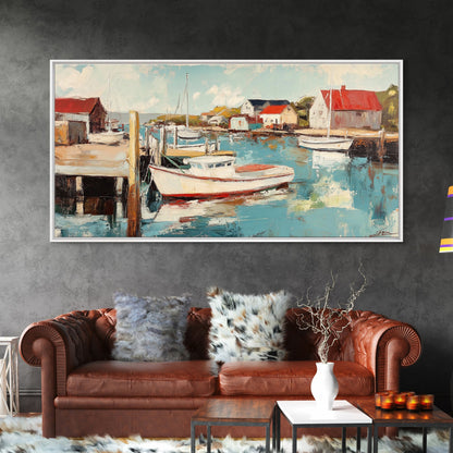 Hafenboote, Gemälde von Nantucket, Küstenmalerei, maritime Wandkunst, Fischergemälde, gerahmter Leinwanddruck, extra breites Kunstwerk