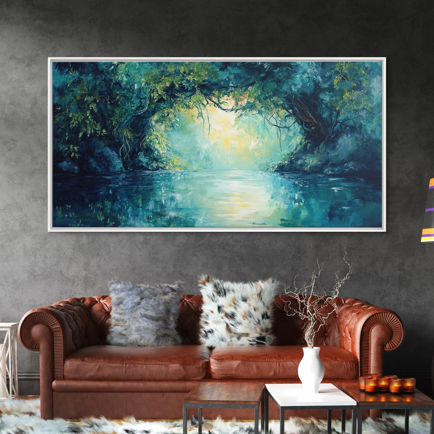 Mystischer Fluss, gerahmter Leinwanddruck, Landschaftsmalerei, stimmungsvolle Kunst, Wald in der Abenddämmerung, türkisfarbenes Wandbild, extra breites Bild