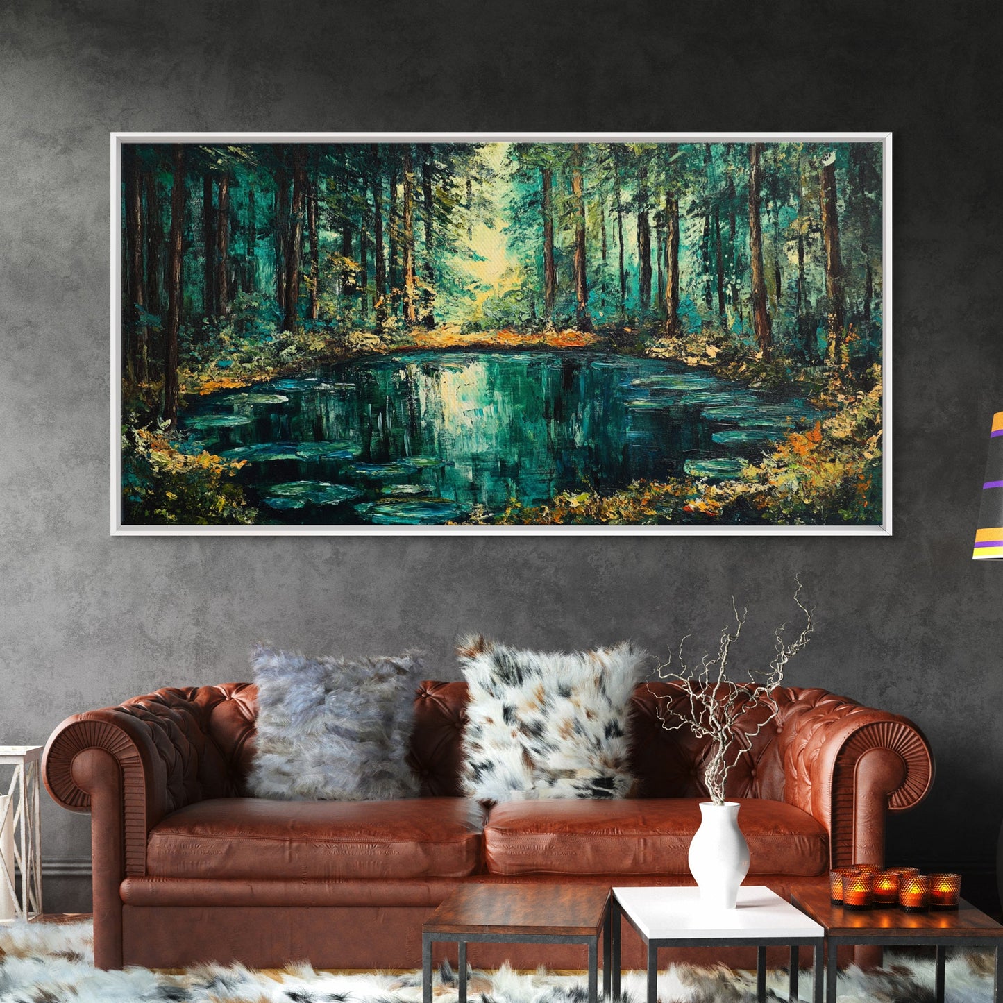 Verzauberter Waldteich, Leinwanddruck, Landschaftsmalerei, Kiefernkunst, Wald in der Abenddämmerung, Kunst vom Lake Tahoe, extra breites Kunstwerk