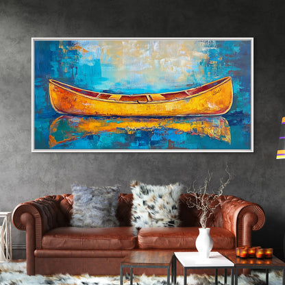 Golden Canoe, Framed Canvas Print, fisherman painting, lake Tahoe art, rustic decor, nautical decor, extra wide art, landscape painting