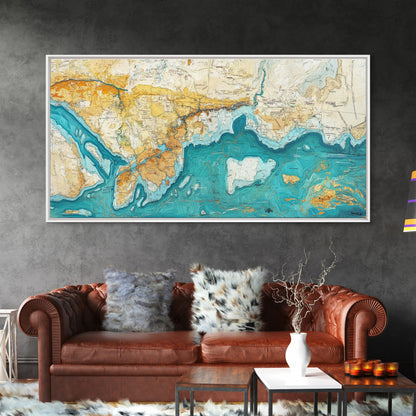 Abstract Map Art, Coastal Decor, Nautical Painting, Extra Wide Art, Framed Canvas Print, Blue and Green Wall Art