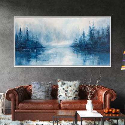 Neblige Seelandschaft, Stimmungsvolle Kunst, Kiefernlandschaft, Landschaftsgemälde, Gerahmter Leinwanddruck, Schlafzimmerkunst, Wandbild über dem Bett