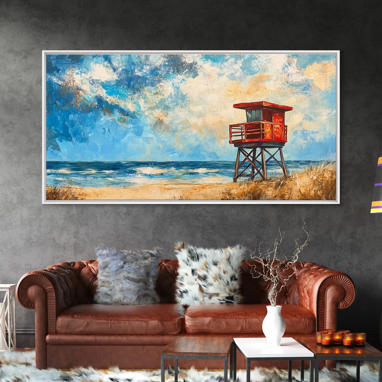 Lifeguard Tower, coastal landscape art, beach painting, seascape painting, nautical wall art, canvas print, horizontal wall art