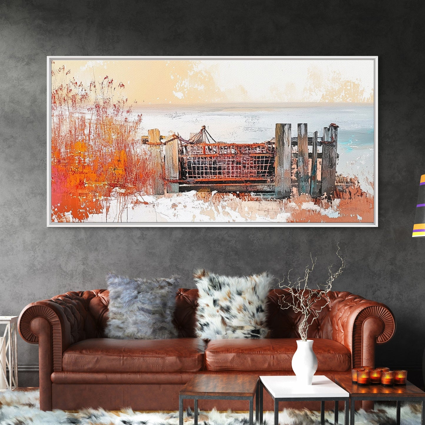 Rustic Dock, coastal decor, rustic art, farmhouse art, seascape painting, nautical painting, framed canvas print, extra wide art