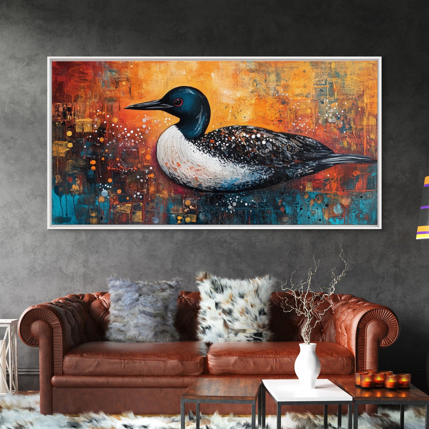 Gemälde eines Seetauchers, Vogelkunst, Tierkunst, Naturmalerei, Wandbild mit türkisfarbenem Motiv, gerahmter Leinwanddruck, Seedekor, rustikale Wandkunst