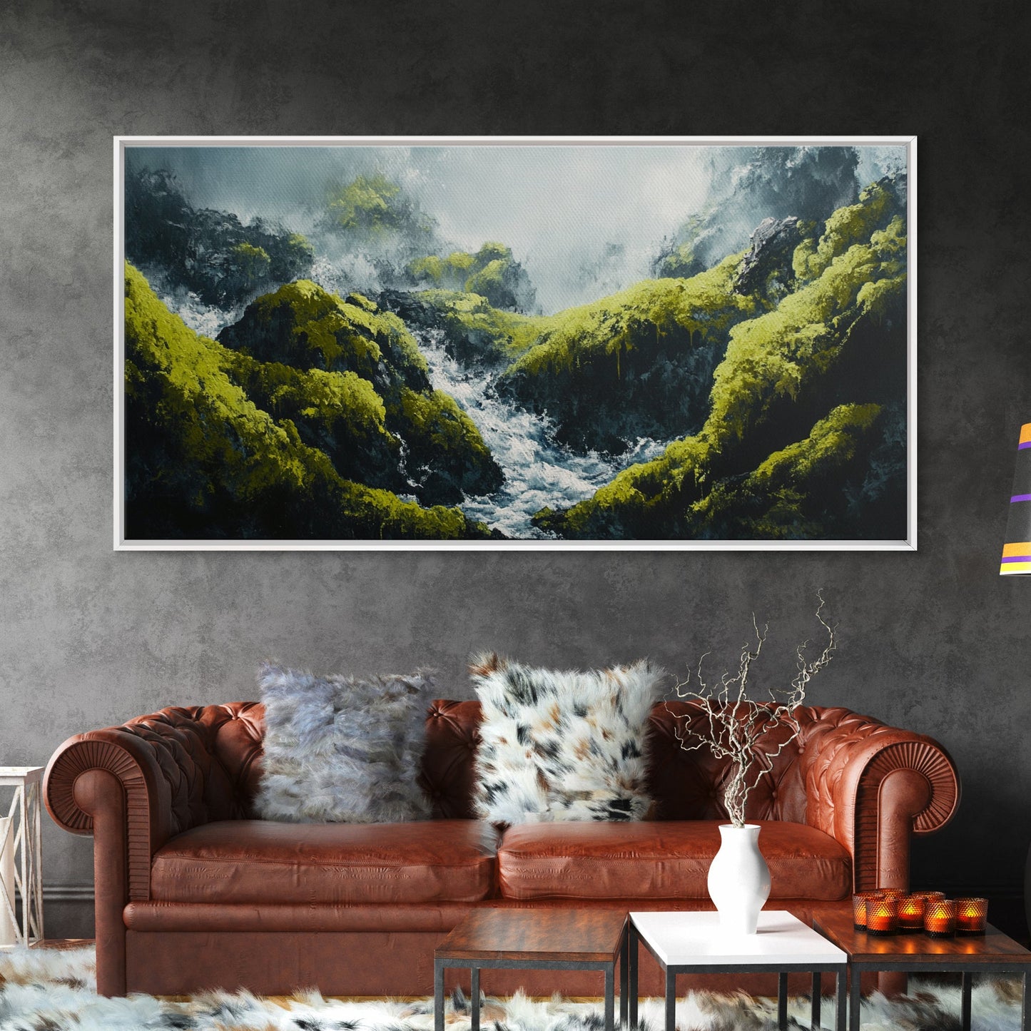 Waterfall Moss, green wall art, framed canvas print, mountain painting, zen wall art, rustic decor, original painting, above couch art