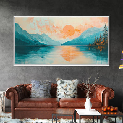 Sunset Lake, Kunst vom Lake Tahoe, gerahmter Leinwanddruck, rosa-orange Wandbild, horizontales Wandbild, Seestück, Küstendeko