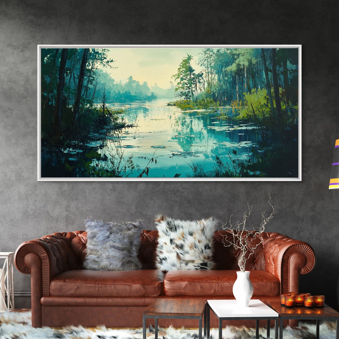Tranquil lake, misty trees, landscape painting, extra wide art, wabi sabi art, minimalist art, framed canvas print, above couch art