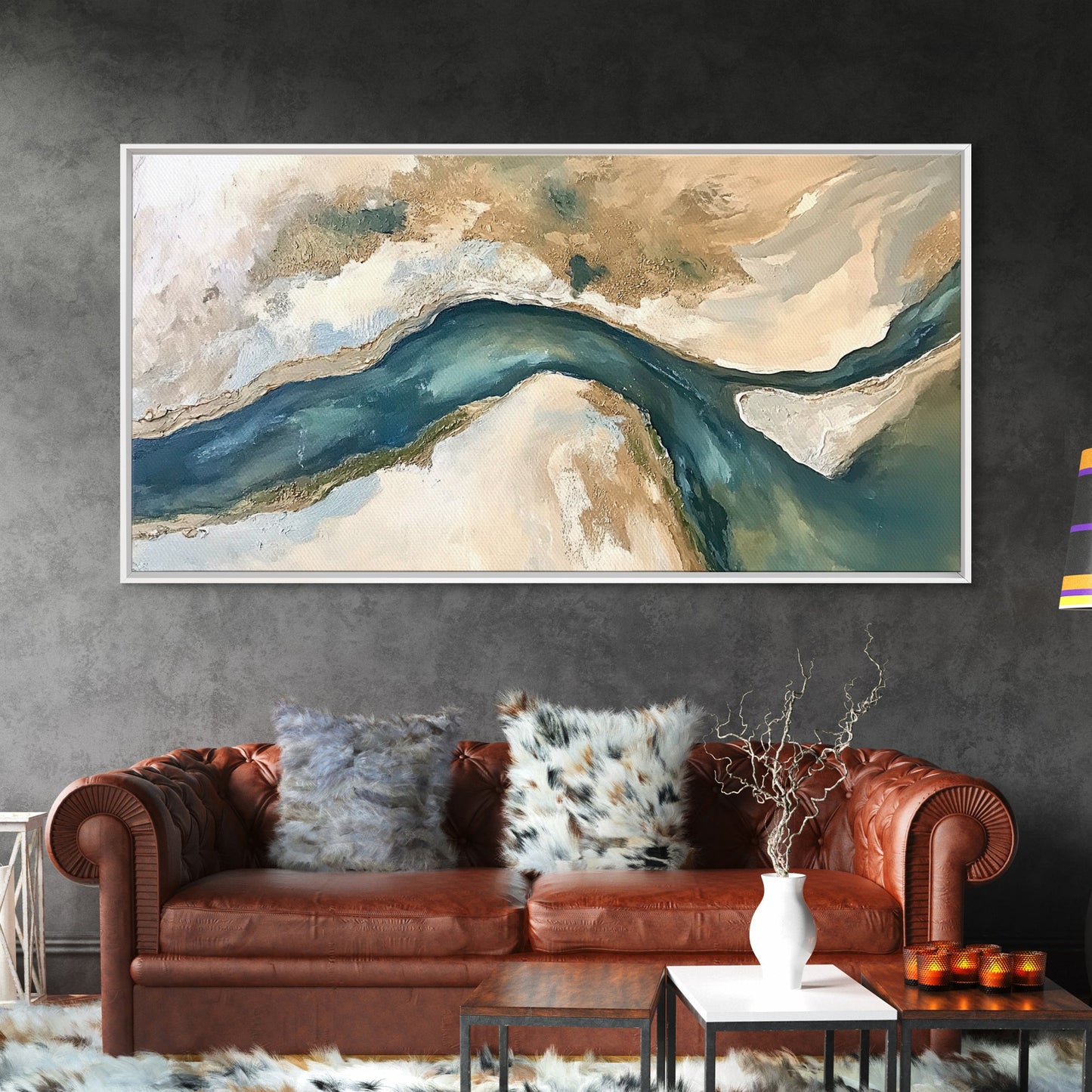 Abstrakter Fluss, neutrale Landschaft, Panoramabild, Leinwanddruck, Wabi-Sabi-Kunst, rustikale Wandkunst, Wandbild für über dem Bett, minimalistische Kunst