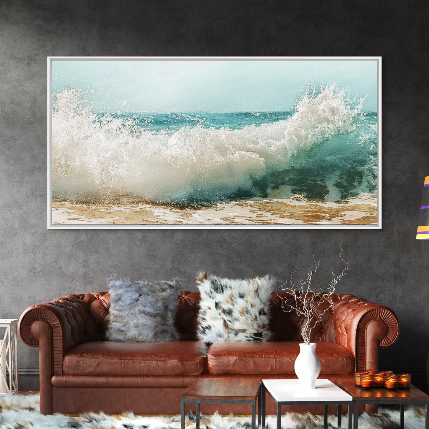 Meereswelle, Strandspritzer, Panoramabild, gerahmter Leinwanddruck, Surf-Wandbild, nautische Dekoration, Küsten-Wandbild, extra breites Bild