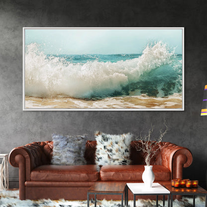 Meereswelle, Strandspritzer, Panoramabild, gerahmter Leinwanddruck, Surf-Wandbild, nautische Dekoration, Küsten-Wandbild, extra breites Bild