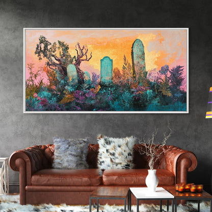 Dark romance painting, gothic art, framed canvas print, extra wide art, Halloween decor, whimsical art, spooky graveyard painting