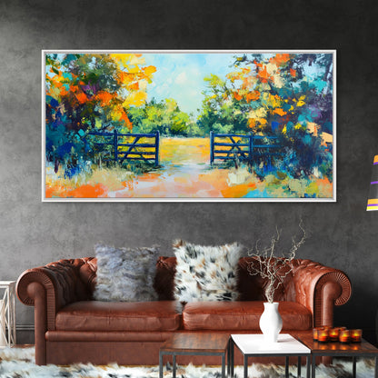 Open Gate, countryside painting, landscape art, framed canvas print, autumn wall art, farmhouse decor, rustic art, extra wide art