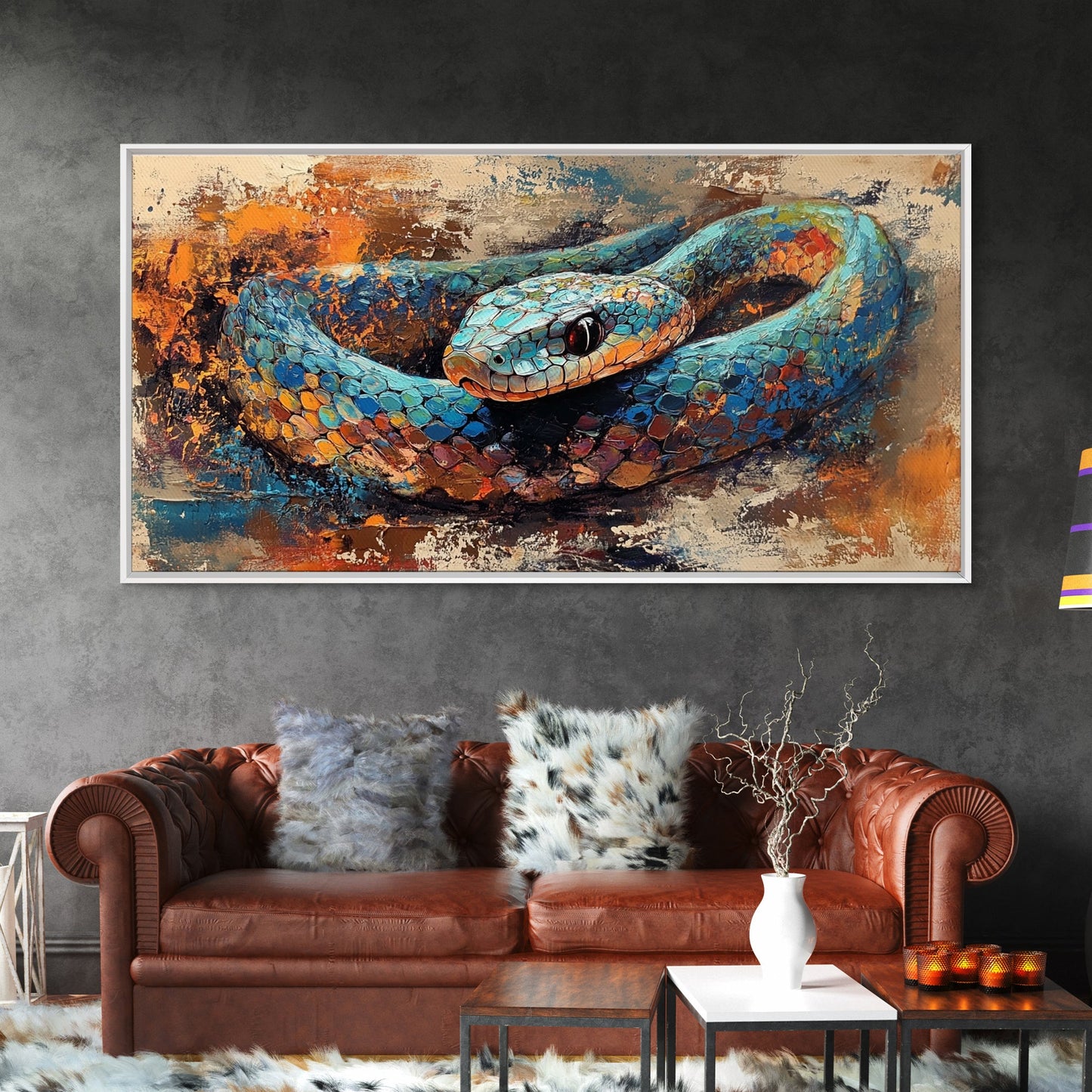 Blue Snake, abstract animal art, framed canvas print, moody art, wildlife painting, bold colors, rustic decor, modern wall art