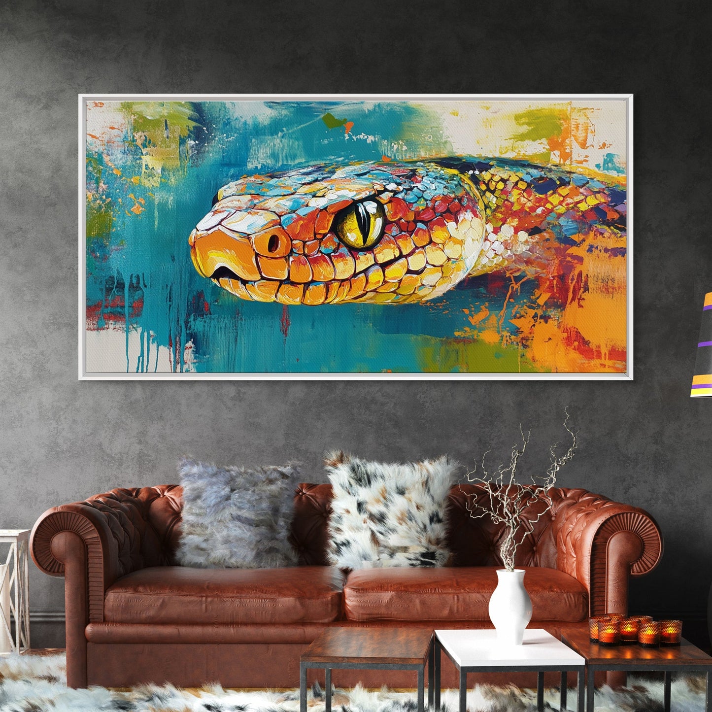Colorful Snake, wildlife painting, framed canvas print, reptile wall art, bold abstract art, extra wide art, rustic decor
