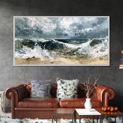 Stormy Ocean, Seascape Painting, Nautical Painting, Coastal Landscape Art, Horizontal Wall Art, Canvas Print, Rustic Decor