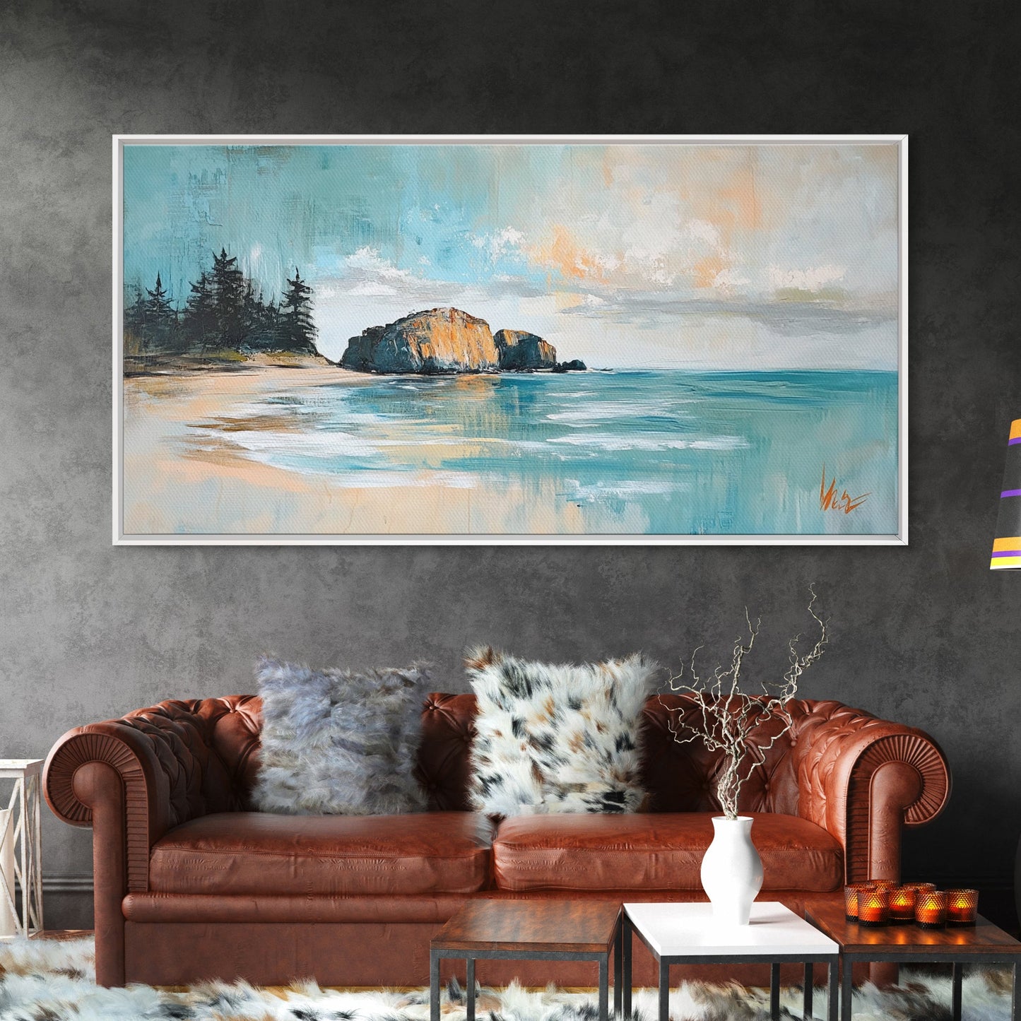 Ruhige Strandlandschaft, gerahmter Leinwanddruck, Küstenmalerei, Seestück, extra breites Kunstwerk, maritime Wandkunst, Schlafzimmerkunst