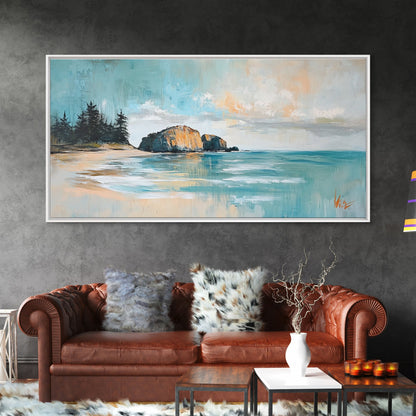 Ruhige Strandlandschaft, gerahmter Leinwanddruck, Küstenmalerei, Seestück, extra breites Kunstwerk, maritime Wandkunst, Schlafzimmerkunst