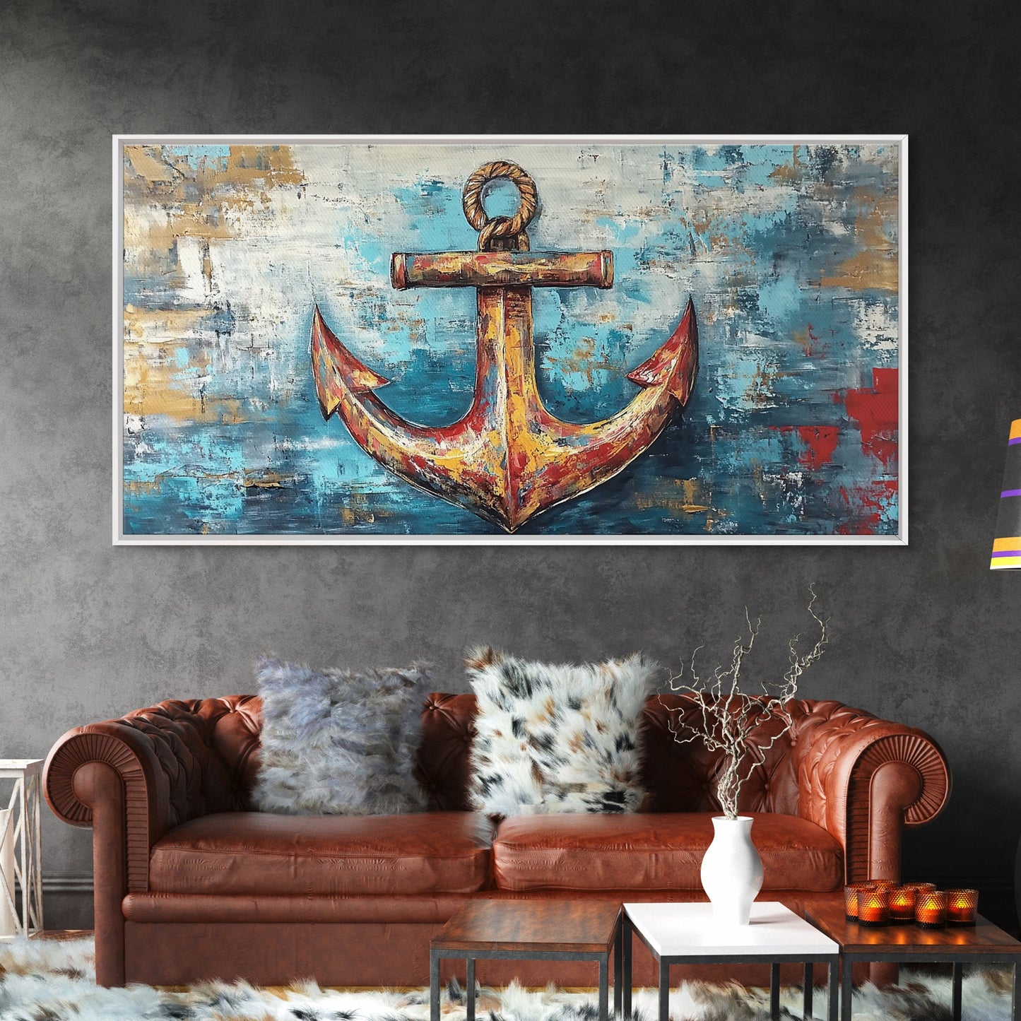 Nautischer Anker, Küstendeko, Rustikale Wandkunst, Extra breites Bild, Nautische Wandkunst, Horizontale Wandkunst, Gerahmter Leinwanddruck, Wohnzimmerkunst