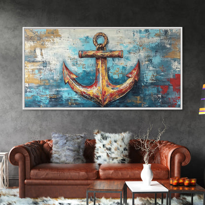 Nautischer Anker, Küstendeko, Rustikale Wandkunst, Extra breites Bild, Nautische Wandkunst, Horizontale Wandkunst, Gerahmter Leinwanddruck, Wohnzimmerkunst