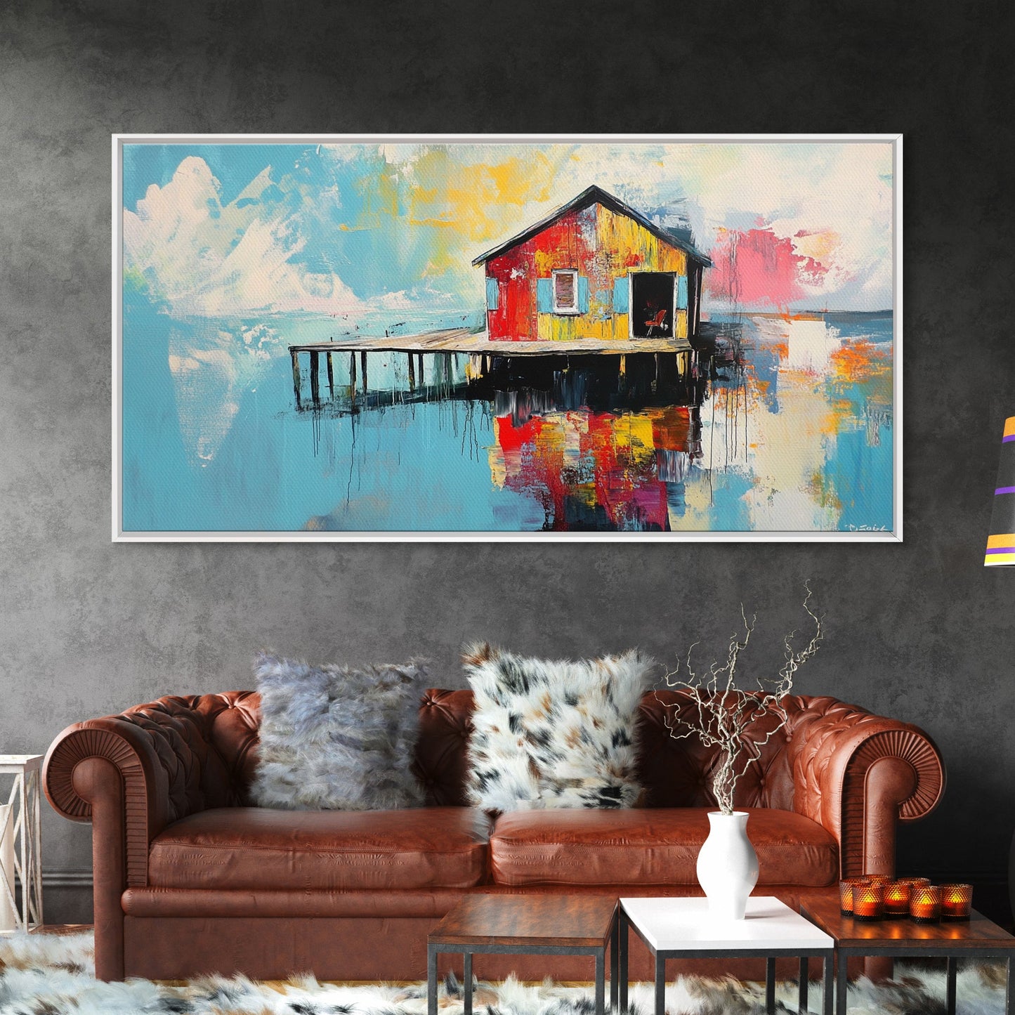 Colorful boathouse, lake reflection, coastal decor, seascape painting, nautical wall art, framed canvas print, extra wide art, gift idea
