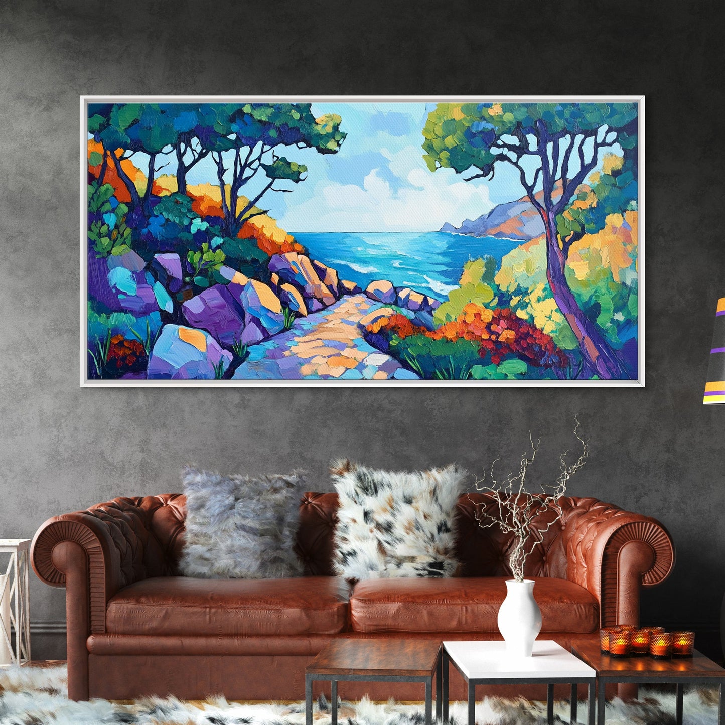 Coastal Pathway, bold colors, impressionist seascape, ocean view, vibrant painting, coastal wall art, Canvas Print, beach decor