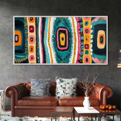 Geometric Abstract, bold colors, sacred geometry art, tribal design, vibrant patterns, extra wide art, Framed Canvas Print, boho art