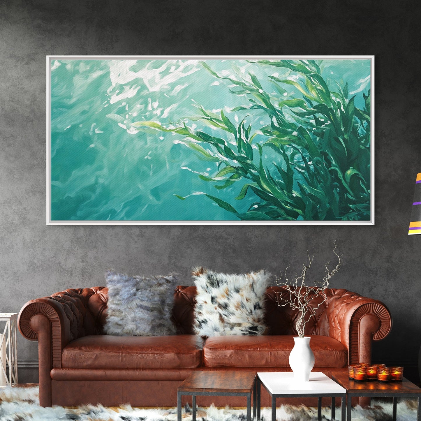 Kunst aus Kelpwäldern, Küstenlandschaften, maritime Wandbilder, gerahmte Leinwanddrucke, vom Meer inspirierte Kunstwerke, Wandbilder in Blau und Grün