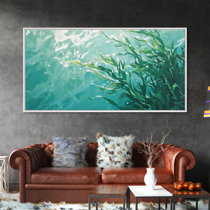 Kunst aus Kelpwäldern, Küstenlandschaften, maritime Wandbilder, gerahmte Leinwanddrucke, vom Meer inspirierte Kunstwerke, Wandbilder in Blau und Grün