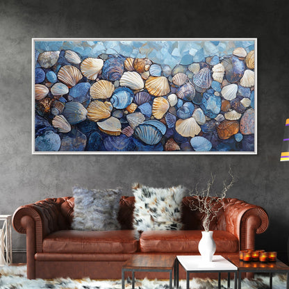 Seashell Beach Art, coastal wall art, oyster shell painting, blue and green wall art, framed canvas print, extra wide art