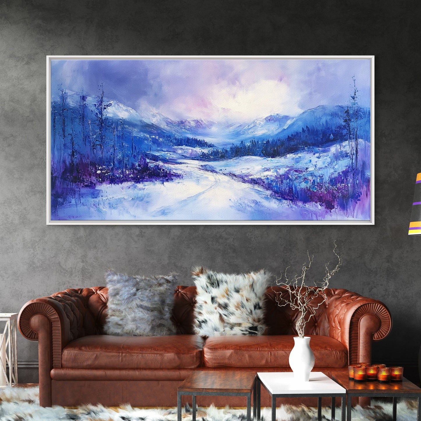 Snowy Mountain Art, Winter Landscape, Framed Canvas Print, Above Couch Art, Panoramic Painting, Mountain Painting