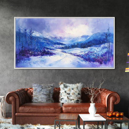 Snowy Mountain Art, Winter Landscape, Framed Canvas Print, Above Couch Art, Panoramic Painting, Mountain Painting