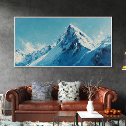 Berglandschaft-Malerei, Blau-Weiß-Kunst, Schneebedeckte Gipfel, Gerahmter Leinwanddruck, Rustikale Dekoration, Minimalistische Kunst, Extra breites Kunstwerk