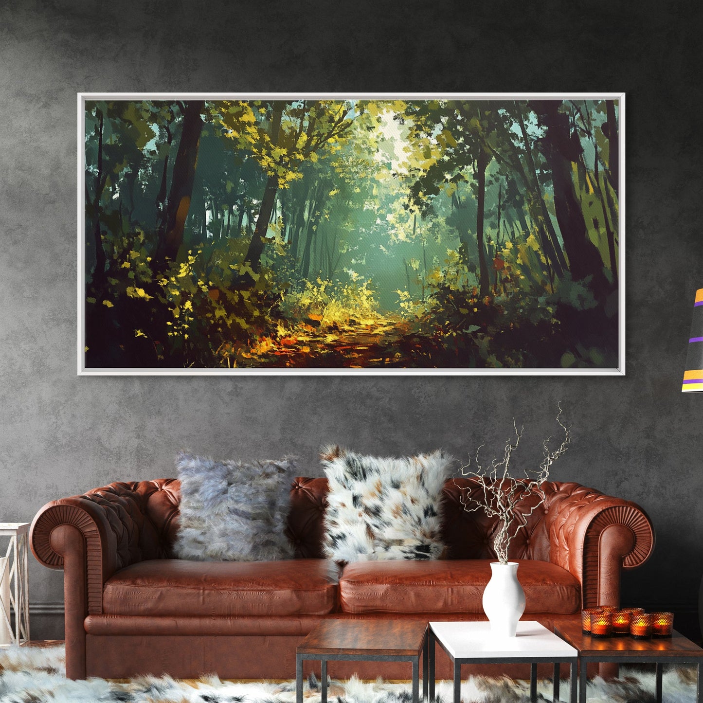 Forest Path, Sunlit Trees, Green Wall Art, Nature Landscape, Panoramic Painting, Rustic Wall Art, Framed Canvas Print