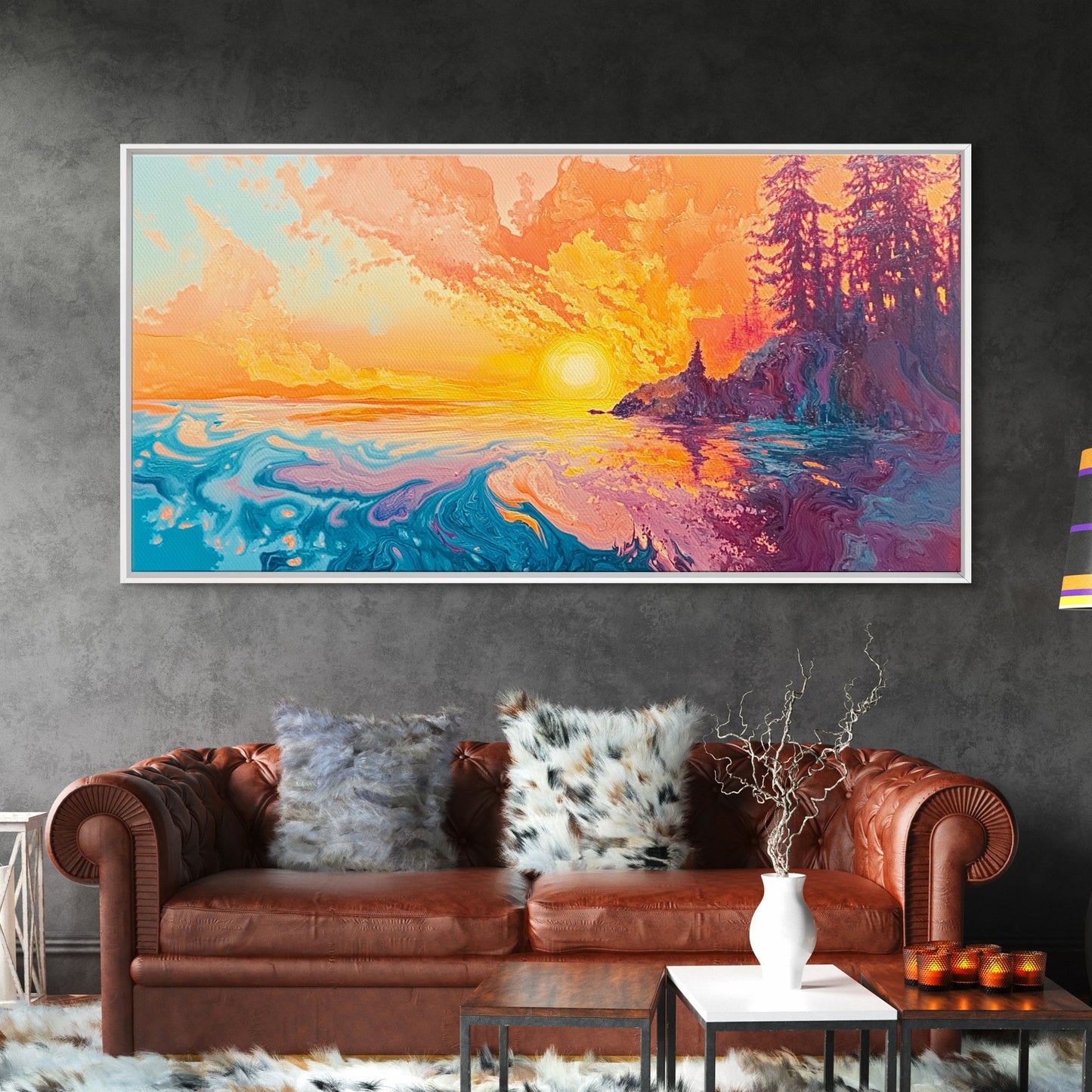 Feuriger Sonnenuntergang, Stimmungsvolle Kunst, Kunst vom Lake Tahoe, Farbenfrohe Landschaft, Wandkunst aus dem Südwesten, Panoramagemälde, Gerahmter Leinwanddruck, Naturkunst