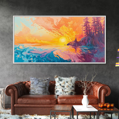 Feuriger Sonnenuntergang, Stimmungsvolle Kunst, Kunst vom Lake Tahoe, Farbenfrohe Landschaft, Wandkunst aus dem Südwesten, Panoramagemälde, Gerahmter Leinwanddruck, Naturkunst