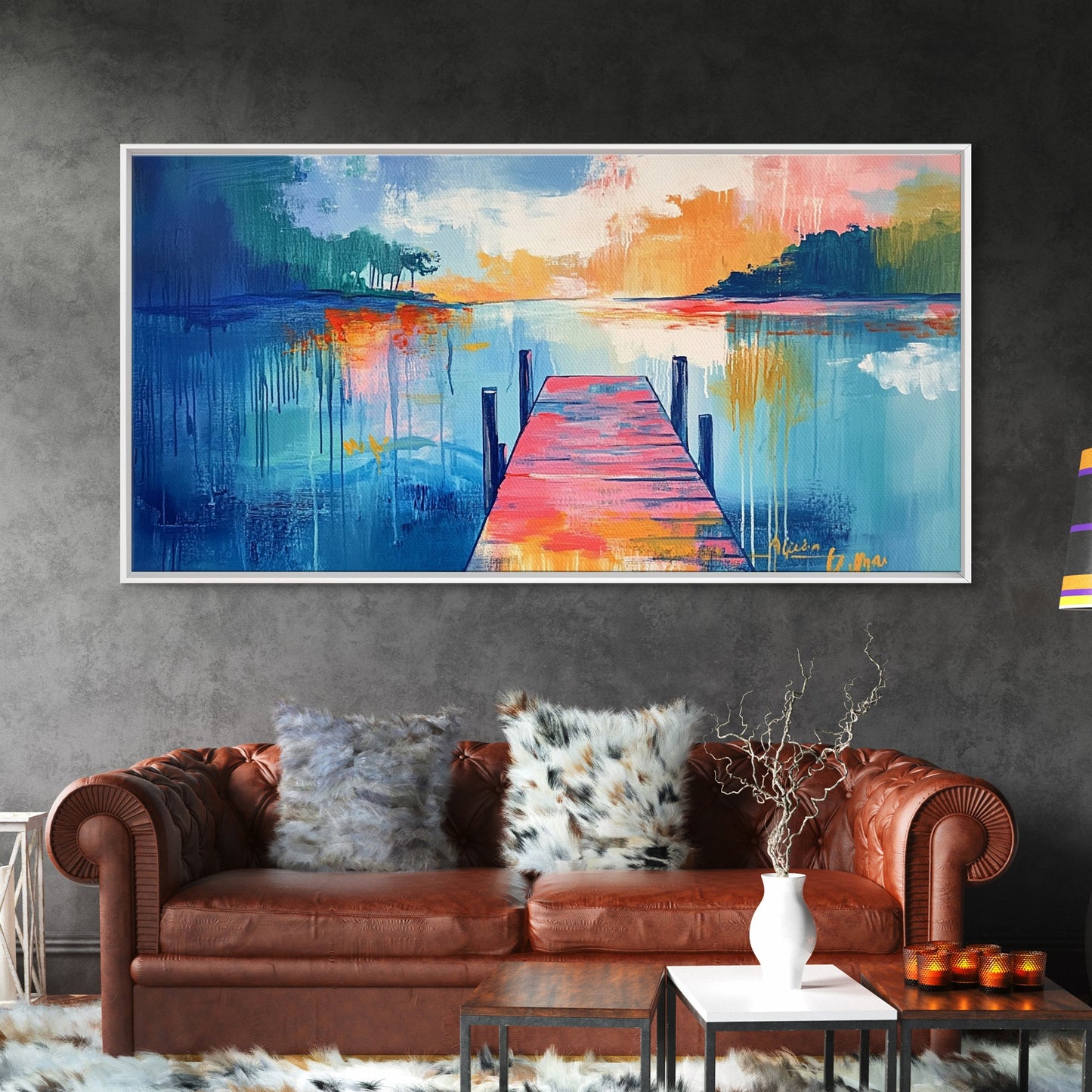 Lake Dock, sunset painting, nautical decor, coastal landscape art, wabi sabi art, extra wide art, rustic decor, Framed Canvas Print