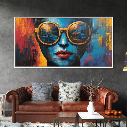 Bold Sunglasses Portrait, graffiti wall art, moody art, chicano art, abstract portrait, pop art decor, gift idea her, Canvas Print