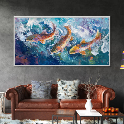 Koi-Fisch-Gemälde, gerahmter Leinwanddruck, Kunst zum Fliegenfischen, Forellenkunst, extra breites Gemälde, farbenfrohes Fischgemälde, Panoramabild