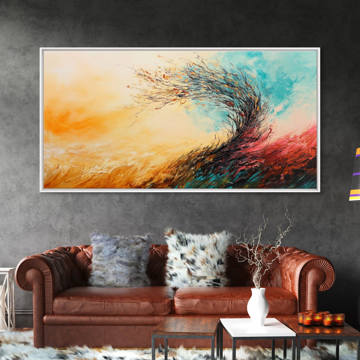 Windiger Herbst, gerahmter Leinwanddruck, Herbstwandbild, abstrakte Landschaft, extra breites Gemälde, Panoramabild, Herbstdekoration