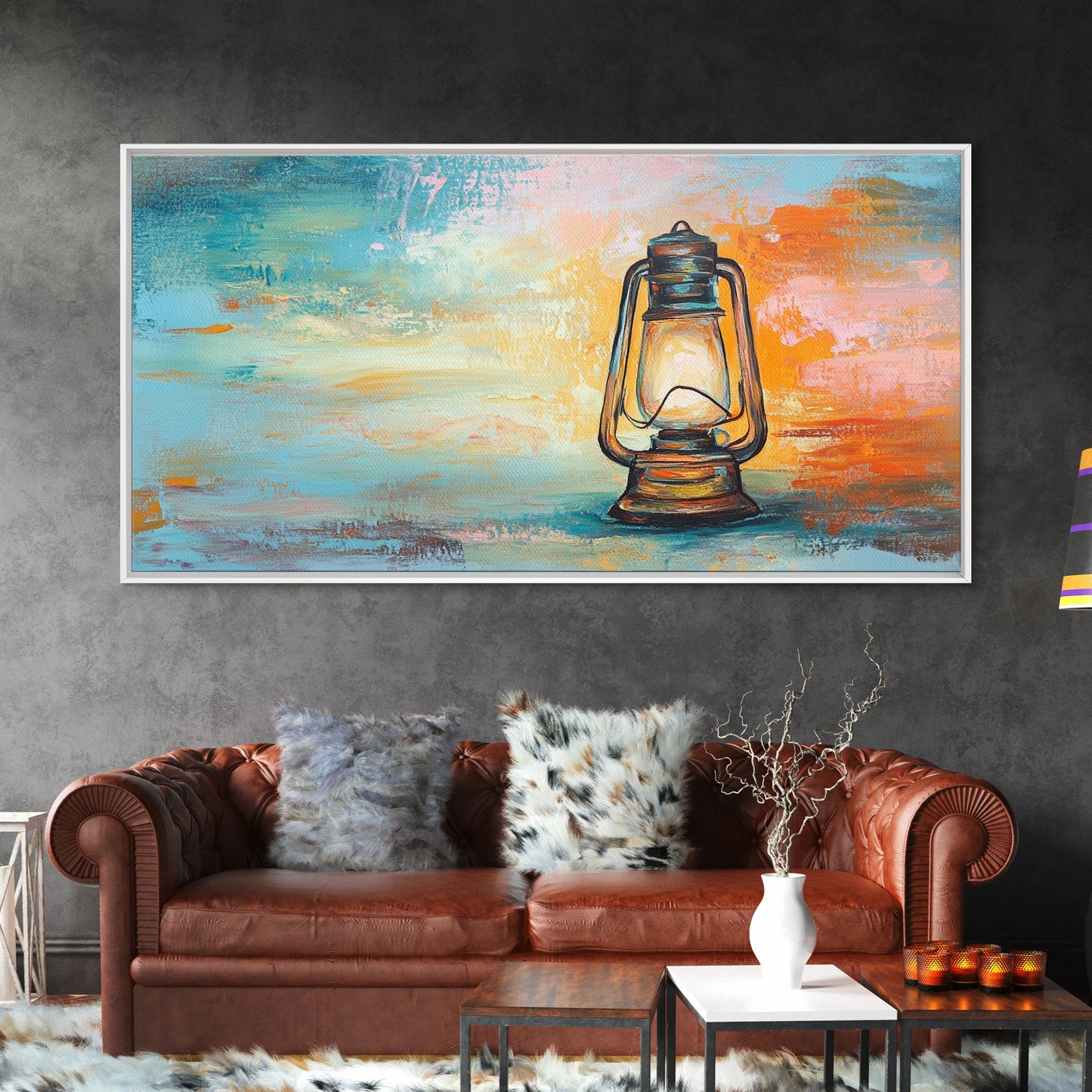 Lantern painting, rustic decor, farmhouse art, boho art, wabi sabi art, warm glow, extra wide art, framed canvas print, moody art
